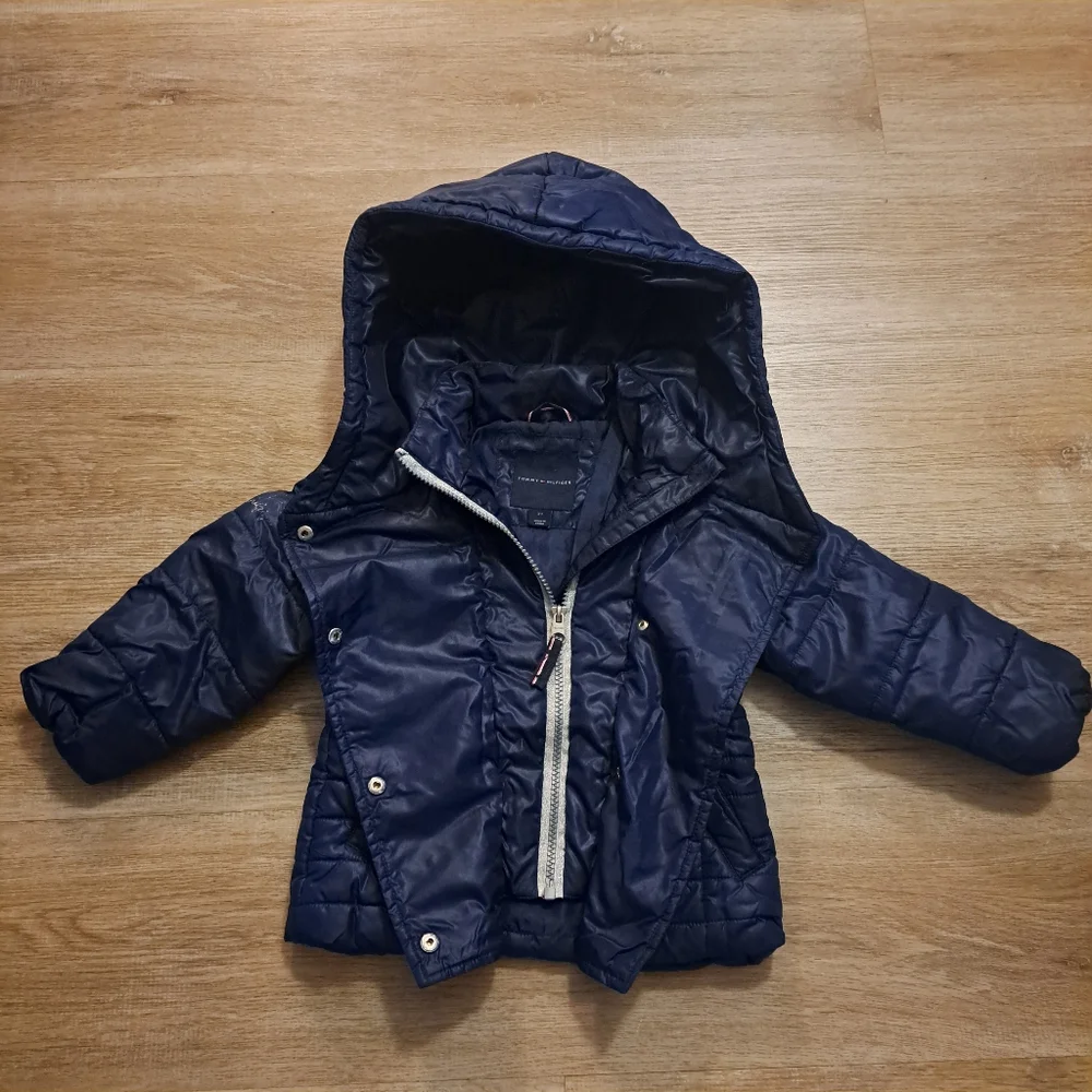 Tommy Hilfiger Navy Blue Puffer Hooded Jacket Button Snaps Zipper Toddler 2T